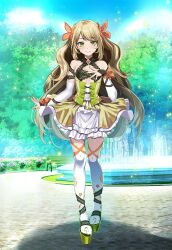  1girl bare_shoulders blonde_hair blue_sky blush butterfly_hair_ornament celine_(fire_emblem) closed_mouth crown day detached_sleeves dress fire_emblem fire_emblem_engage fountain full_body green_eyes green_footwear hair_ornament high_heels highres long_hair long_sleeves looking_at_viewer nintendo outdoors park shadow sky smile solo standing thighhighs tree tsukishiro_saika very_long_hair white_sleeves white_thighhighs 