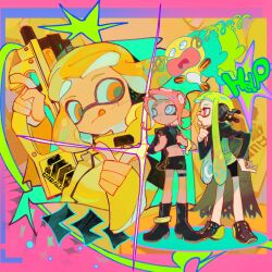  3girls :q agent_3_(splatoon) agent_4_(splatoon) agent_8_(splatoon) anklet arm_up backpack bag bike_shorts black_background black_cape black_footwear black_headphones black_shirt black_shorts black_skirt blonde_hair blue_sclera boots cape champagnetree closed_mouth colored_sclera crop_top dot_mouth dot_nose english_text green_hair hand_on_own_chin hand_on_own_hip headphones hero_shot_(splatoon_2) high-visibility_vest high_heel_boots high_heels highres holding holding_weapon inkling inkling_girl inkling_player_character jacket jewelry long_hair looking_at_another medium_hair midriff miniskirt multiple_girls navel nintendo octoling octoling_girl octoling_player_character orange_eyes pointing red_hair shirt shorts single_sleeve skirt sparkle splatoon_(series) splatoon_2 standing stroking_own_chin suction_cups tentacle_hair tongue tongue_out torn_cape torn_clothes twintails very_long_hair weapon white_eyes wristband yellow_jacket zapfish 