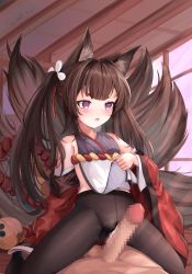 1boy 1girl absurdres amagi-chan_(azur_lane) animal_ear_fluff animal_ears arm_support azur_lane black_pantyhose blush brown_hair censored clothed_female_nude_male erection fox_ears fox_girl fox_tail gluteal_fold grinding hair_intakes highres indoors japanese_clothes kimono kneeling leaning_back legs_apart lifted_by_self loli long_hair mosaic_censoring multiple_tails no_panties nude off_shoulder open_clothes open_kimono open_mouth pantyhose penis pink_eyes precum red_kimono sechka straddling tabard tabard_lift tail testicles thighs twintails white_tabard rating:Explicit score:82 user:danbooru