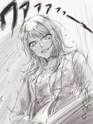 1girl bang_dream! bang_dream!_it&#039;s_mygo!!!!! breasts cleavage collarbone commentary_request greyscale grin highres jacket long_hair looking_at_viewer medium_breasts monochrome nagomu_7_56 open_clothes open_jacket playing_guitar shirt smile solo sweat translation_request upper_body yahata_umiri