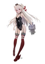 1girl amatsukaze_(kancolle) black_one-piece_swimsuit breasts brown_eyes choker full_body garter_straps grey_hair hair_tubes highleg highleg_swimsuit highres kantai_collection long_hair looking_at_viewer neve_(morris-minicooper) one-piece_swimsuit red_thighhighs rensouhou-kun rudder_footwear simple_background small_breasts swimsuit thighhighs two_side_up white_background 