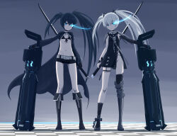  2girls 32zzz asymmetrical_legwear belt bikini bikini_top_only black_hair black_rock_shooter black_rock_shooter_(character) blue_eyes boots breasts dress flaming_eye front-tie_bikini_top front-tie_top front_slit full_body groin gun highres holding holding_sword holding_weapon knee_boots light_smile long_hair looking_at_viewer multiple_girls multiple_scars navel punishing:_gray_raven scar short_shorts shorts slim_legs small_breasts standing stomach swimsuit sword twintails very_long_hair weapon white_hair 