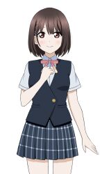  1girl black_vest bob_cut brown_hair clenched_hand closed_mouth collared_shirt commentary_request cowboy_shot dress_shirt eyebrows_hidden_by_hair grey_skirt hand_on_own_chest highres love_live! love_live!_nijigasaki_high_school_idol_club love_live!_school_idol_festival_all_stars loveliver1003 miniskirt neck_ribbon nijigasaki_academy_school_uniform pink_ribbon plaid plaid_skirt pleated_skirt red_eyes ribbon school_uniform shirt short_hair simple_background skirt smile solo summer_uniform vest white_background white_shirt 