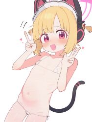  1girl absurdres animal_ear_headphones animal_ears bare_arms bare_legs bare_shoulders bikini blonde_hair blue_archive blush cat_tail commentary cowboy_shot double_v english_commentary fake_animal_ears flat_chest groin halo headdress headphones highres lk149 loli looking_at_viewer momoi_(blue_archive) navel open_mouth pink_halo red_eyes short_hair simple_background solo swimsuit tail v white_background white_bikini 