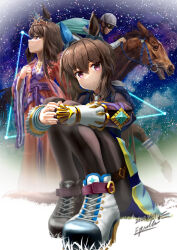 1boy 2girls absurdres admire_vega_(racehorse) admire_vega_(umamusume) altair_(star) animal_ears artist_name black_pantyhose blue_capelet bracer bridle brown_hair capelet commentary_request cosplay creature_and_personification dated deneb_(star) ear_covers ear_ornament estrella_(uypu4574) gem highres holding holding_reins horse horse_ears horse_girl japanese_clothes jockey kimono looking_at_viewer looking_up multiple_girls multiple_persona name_connection orihime_(cosplay) orihime_(tanabata) pantyhose purple_eyes real_life reins shoes signature single_ear_cover star_(symbol) starry_background tail take_yutaka tanabata the_weaver_girl_and_the_cowherd tiara umamusume vega_(star) wide_sleeves
