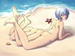  1girl arm_support ass ayanami_rei barefoot beach blue_hair breasts dutch_angle extra_asses extra_legs feet feet_up female_focus gammatelier large_breasts looking_at_viewer looking_back lying medium_breasts neon_genesis_evangelion nipples nude ocean on_stomach outdoors red_eyes seashell shell short_hair soles solo starfish toes what  rating:Questionable score:43 user:namelessdude80