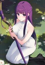  1girl bare_shoulders blush boots breasts dress fern_(sousou_no_frieren) flower from_above grass highres holding holding_staff large_breasts long_hair looking_at_viewer outdoors parted_lips purple_eyes purple_hair sitting sleeveless sleeveless_dress solo sousou_no_frieren staff very_long_hair white_dress yokozuwari ziroqon 