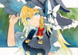  1girl aqua_eyes black_hat black_vest blonde_hair bow braid hair_bow hand_on_headwear hand_up hat hat_bow highres kirisame_marisa long_hair looking_at_viewer open_mouth puffy_short_sleeves puffy_sleeves qqqrinkappp red_bow short_sleeves single_braid solo touhou traditional_media upper_body vest white_bow witch_hat 