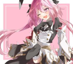  1boy astolfo_(fate) astolfo_(saber)_(fate) astolfo_(saber)_(third_ascension)_(fate) black_bow black_bowtie black_gloves black_ribbon blush bow bowtie dress fate/grand_order fate_(series) gloves hair_bow highres juliet_sleeves layered_skirt long_hair long_sleeves looking_at_viewer low_twintails male_focus one_eye_closed ooo00_cha pink_hair puffy_sleeves purple_eyes ribbon skirt smile solo trap twintails wing_collar 