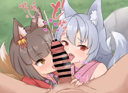  1boy 2girls :3 ^^^ animal_ear_fluff animal_ears bar_censor bell blunt_bangs blush brown_eyes brown_hair censored clothed_female_nude_male commentary_request dougi erection fang fellatio ffm_threesome foliage fox_ears fox_girl fox_tail grass grey_hair group_sex hair_bell hair_between_eyes hair_ornament half-closed_eyes heart heavy_breathing highres japanese_clothes jingle_bell kamuro_(mon-musu_quest!) kazami_windy kimono kitsu_(mon-musu_quest!) licking licking_penis loli looking_at_penis looking_at_viewer mon-musu_quest! multiple_girls multiple_tails nude open_mouth oral outdoors penis pov red_eyes red_kimono short_hair smile sound_effects squeezing_testicles sweatdrop tail teeth testicles threesome upper_teeth_only veins veiny_penis 