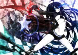  10s 1girl arm_cannon bikini bikini_top_only black_bikini black_hair black_rock_shooter black_rock_shooter_(character) blue_eyes boots breasts chain female_focus giluziru gingami_(giluziru) gloves glowing glowing_eyes highres long_hair medium_breasts navel pale_skin scar shorts solo star_(symbol) swimsuit twintails underboob very_long_hair weapon 