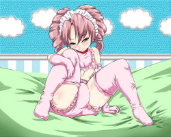  1boy androgynous blue_eyes blush bulge cloud cocco_(cocco1192) collar diaper drill_hair gloves headdress male_focus naughty_face pink_gloves pink_hair pink_legwear sitting solo trap wall  rating:Questionable score:84 user:Zirothos