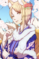  1girl alternate_costume animal_ear_fluff animal_ears blonde_hair blue_background blue_kimono commentary_request dearmybrothers floral_print flower fox_ears fox_tail fur_collar hair_flower hair_ornament hair_ribbon hairclip hand_up highres japanese_clothes kimono long_sleeves looking_at_viewer multiple_tails red_flower red_ribbon ribbon short_hair smile solo tail touhou upper_body white_flower wide_sleeves yakumo_ran yellow_eyes 