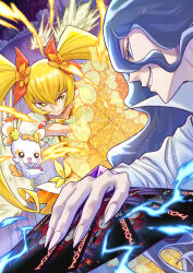  1boy 1girl absurdres blonde_hair bow brooch card choker cobraja cure_sunshine dress energy energy_barrier energy_shield fingernails flower foreshortening frilled_sleeves frills frown gloves grey_hair hair_between_eyes hair_flower hair_ornament hair_ribbon heart heart_brooch heartcatch_precure! highres holding holding_card itou_shin&#039;ichi jewelry long_hair looking_at_another magical_girl myoudouin_itsuki open_mouth orange_choker orange_flower orange_ribbon potpourri_(heartcatch_precure!) precure puffy_short_sleeves puffy_sleeves ribbon sharp_fingernails short_dress short_sleeves smile smirk standing twintails yellow_dress yellow_eyes yellow_gloves 