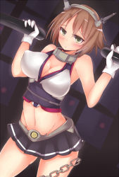 10s 1girl bare_shoulders blush breasts brown_hair chain cleavage contrapposto cowboy_shot covered_erect_nipples gloves green_eyes groin headgear kantai_collection kutan large_breasts looking_at_viewer midriff miniskirt mutsu_(kancolle) navel radio_antenna sexually_suggestive short_hair skirt sleeveless solo standing torpedo underbust white_gloves rating:Questionable score:18 user:danbooru