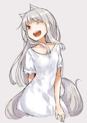  1girl animal_ears ayakura_juu breasts commentary_request dress grey_hair long_hair looking_to_the_side myuri_(spice_and_wolf) one_eye_closed open_mouth red_eyes shinsetsu_spice_and_wolf small_breasts smile solo spice_and_wolf tail white_dress wolf_ears wolf_girl wolf_tail  rating:General score:8 user:danbooru