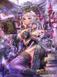 1girl :o artist_name ass book breasts character_request curly_hair dragon_tactics english_text glasses gold grey_hair hat highres holding holding_weapon large_breasts library long_hair looking_at_viewer lunarmimi nails purple_eyes purple_thighhighs serious staff thighhighs weapon 