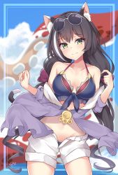 1girl absurdres animal_ear_fluff animal_ears bad_id bad_pixiv_id bare_shoulders bikini black_hair blue_sky blurry blurry_background blush breasts cat_ears cat_tail cloud day eyewear_on_head frown green_eyes groin hair_between_eyes hands_up head_tilt highres karyl_(princess_connect!) karyl_(summer)_(princess_connect!) long_hair looking_at_viewer low_twintails multicolored_hair mushpz navel off_shoulder open_fly outdoors princess_connect! shorts signature sky solo stomach streaked_hair sunglasses swimsuit tail thighs twintails very_long_hair white_hair white_shorts rating:Sensitive score:16 user:danbooru