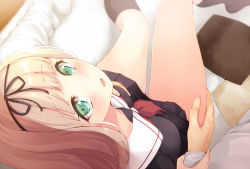  10s 1girl blonde_hair blush downblouse from_above grabbing grabbing_another&#039;s_breast green_eyes guiding_hand hair_ribbon hand_on_another&#039;s_thigh holding_another&#039;s_wrist kantai_collection kneehighs komone_ushio long_hair looking_at_viewer looking_up pov ribbon school_uniform serafuku sitting sitting_on_lap sitting_on_person socks solo_focus thigh_grab thighs yuudachi_(kancolle)  rating:Questionable score:77 user:danbooru