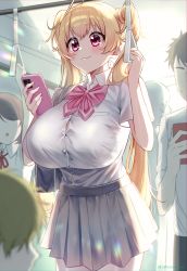  1girl absurdres blonde_hair bow bowtie breasts cellphone closed_mouth collared_shirt commentary_request cowboy_shot fang fang_out grey_skirt highres holding holding_phone huge_breasts ive_(yayoi_maka) large_breasts long_hair looking_at_phone musical_note original phone pink_bow pink_bowtie pink_eyes pleated_skirt school_uniform shirt short_sleeves skin_fang skirt smartphone solo_focus standing train_interior twintails very_long_hair white_shirt yayoi_maka  rating:Sensitive score:36 user:danbooru