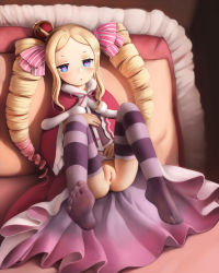 1girl beatrice_(re:zero) blonde_hair blue_eyes blush bottomless bow butterfly-shaped_pupils capelet cleft_of_venus crown crumbles drill_hair feet female_focus frills fur_trim hair_bow highres knees_up loli long_hair mini_crown multicolored_hair no_shoes on_bed parted_bangs parted_lips pink_bow pink_hair pussy re:zero_kara_hajimeru_isekai_seikatsu see-through sitting solo striped_clothes striped_thighhighs symbol-shaped_pupils thighhighs toes twin_drills uncensored underwear rating:Explicit score:1000 user:Dweenie