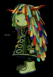  1boy absurdres aqua_hair arm_at_side black_background black_pants blonde_hair blue_eyes blue_hair blunt_bangs blunt_ends blush borrowed_character bright_pupils chinese_clothes deformed english_text highres horns long_hair long_sleeves looking_at_viewer menma_(enaic31) multicolored_hair no_eyebrows original oversized_clothes pants rainbow_hair red_hair red_horns smile standing tangzhuang vocaloid white_footwear white_pupils yellow_trim 