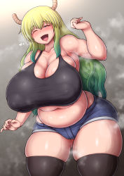 1girl absurdres bare_shoulders belly black_tank_top black_thighhighs blonde_hair blush breasts bursting_breasts collarbone covered_erect_nipples cowboy_shot denim denim_shorts dragon_horns fat gradient_background gradient_hair green_hair grey_background highres horns huge_breasts kobayashi-san_chi_no_maidragon long_hair looking_at_viewer lucoa_(maidragon) monster_girl multicolored_eyes multicolored_hair one_eye_closed open_mouth plump ponponmaru purple_eyes short_shorts shorts skindentation sleeveless smile solo steam stomach sweat tank_top thick_thighs thighhighs thighs wink yellow_eyes rating:Questionable score:116 user:DarkToonLink