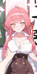  1girl 1other absurdres arm_grab aru_(blue_archive) black_skirt blue_archive blush breasts brown_horns buttons cleavage collared_shirt demon_horns grabbing grabbing_another&#039;s_breast halo highres horns large_breasts long_hair long_sleeves looking_at_viewer open_mouth pink_hair pink_halo pov_cheek_grabbing_(meme) sgholln shirt skirt solo_focus white_shirt yellow_eyes 