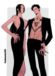  1boy 1girl abs adzumoto armpits black_dress black_hair black_pants boa_hancock breasts chest_tattoo cleavage closed_mouth dress earrings facial_hair finger_tattoo goatee hand_tattoo jewelry large_breasts long_hair looking_at_viewer no_shirt one_piece pants short_hair snake_earrings tattoo trafalgar_law very_long_hair 