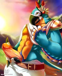  1boy abs beak belly belt brown_eyes fur highres inuki kass male_focus nintendo open_mouth pants penis rito topless_male solo standing stomach the_legend_of_zelda the_legend_of_zelda:_breath_of_the_wild 