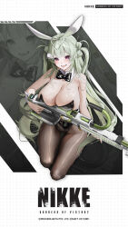  1girl ahoge animal_ears antenna_hair artist_request black_bow black_bowtie bow bowtie breasts brown_pantyhose commentary detached_collar english_commentary fake_animal_ears goddess_of_victory:_nikke green_hair gun heart heart_ahoge highres holding holding_gun holding_weapon large_breasts leotard long_hair looking_back machine_gun mole mole_on_breast official_art open_mouth pantyhose playboy_bunny purple_eyes rabbit_ears soda_(nikke) soda_(twinkling_bunny)_(nikke) solo squatting teeth tongue twintails weapon wrist_cuffs 