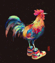  absurdres animal animal_focus artist_logo artist_name beak bird brown_background chicken commentary english_commentary feathers from_side highres no_humans original realistic red_footwear shoes simple_background sneakers solo weiwei_(peevishpants) 
