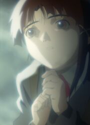  1990s_(style) 1girl brown_eyes brown_hair clenched_hands highres iwakura_lain official_art retro_artstyle scared school_uniform screencap serial_experiments_lain short_hair solo_focus  rating:General score:10 user:ILOVEFEET