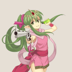 &quot;steel_tome&quot; 1girl absurdres aiming aiming_at_viewer chiki chiki_(fire_emblem) electronic_cigarette fire_emblem fire_emblem:_shadow_dragon green_eyes green_hair gun handgun highres long_hair nintendo pointy_ears ponytail revolver smile solo tagme tiki_(fire_emblem) tiki_(young)_(fire_emblem) weapon 