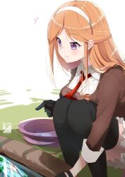  1girl black_gloves black_thighhighs breasts brown_jacket commentary_request drill_hair frilled_skirt frills gloves hairband jacket kantai_collection kimura_shiki large_breasts long_hair one-hour_drawing_challenge orange_hair purple_hair skirt smile solo squatting thighhighs white_background white_hairband yuugure_(kancolle) 