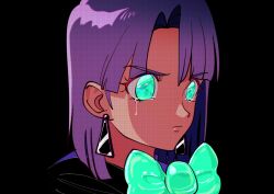  1girl black_background bow bowtie closed_mouth crying crying_with_eyes_open dangle_earrings earrings green_bow green_eyes jewelry medium_hair no_pupils original portrait purple_hair retro_artstyle simple_background solo tearing_up tears yo-co 