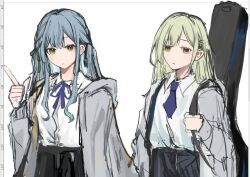  2girls art_program_in_frame bang_dream! bang_dream!_it&#039;s_mygo!!!!! black_skirt blue_hair blue_necktie blue_ribbon chinese_commentary collared_shirt commentary_request green_hair green_ribbon grey_jacket guitar_case hair_ornament hairclip hand_up index_finger_raised instrument_case instrument_on_back jacket ki3wii long_hair looking_at_viewer multiple_girls neck_ribbon necktie open_clothes open_jacket pleated_skirt ribbon school_uniform shirt simple_background skirt togawa_sakiko two_side_up upper_body wakaba_mutsumi white_background white_shirt yellow_eyes 