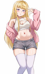  1girl :o ahoge bare_shoulders blonde_hair blue_nails blush breasts cleavage cleavage_cutout clothing_cutout crop_top dosanko_gal_wa_namaramenkoi feet_out_of_frame fingernails fuyuki_minami grey_shorts groin hair_intakes half-closed_eyes hand_up jacket knees_together_feet_apart long_hair long_sleeves looking_at_viewer medium_breasts midriff nail_polish navel nootomo off_shoulder open_clothes open_jacket parted_lips pink_jacket purple_eyes sharp_fingernails shiny_skin shorts simple_background skindentation sleeves_past_wrists solo standing stomach straight_hair tank_top thigh_gap thighhighs v white_background white_tank_top white_thighhighs 