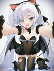  1girl animal_ears azur_lane black_cat black_dress black_footwear black_hat black_thighhighs blue_hair blush breasts cat cat_ears covered_navel danraz0r demon_tail demon_wings dress eyes_visible_through_hair fake_animal_ears frilled_dress frills green_eyes hair_over_one_eye halloween_costume hat heart heart_tail highres janus_(azur_lane) janus_(fright-night_scaredy-cat)_(azur_lane) long_hair official_alternate_costume open_mouth reaching reaching_towards_viewer see-through see-through_dress small_breasts smile solo tail thighhighs torn_clothes torn_thighhighs twintails very_long_hair wings witch_hat 