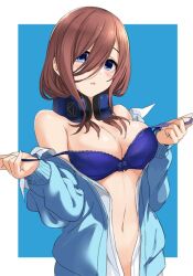 1girl bare_shoulders blue_background blue_bra blue_cardigan blue_eyes border bra breasts brown_hair cardigan cleavage collared_shirt commentary_request go-toubun_no_hanayome hair_between_eyes headphones headphones_around_neck large_breasts long_bangs long_hair looking_at_viewer mirai_denki nakano_miku navel off_shoulder open_cardigan open_clothes open_mouth outside_border pulling_own_clothes shirt solo strap_pull underwear upper_body white_border white_shirt rating:Sensitive score:18 user:danbooru