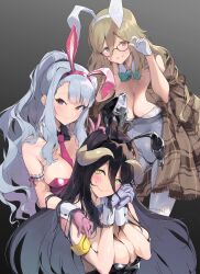  3girls absurdres akane_(blue_archive) akane_(bunny)_(blue_archive) albedo_(overlord) alternate_costume animal_ears black_leotard blue_archive blush breasts cleavage crossover demon_horns detached_collar fake_animal_ears glasses gloves gradient_background grey_gloves hara_yumi highres horns idolmaster idolmaster_(classic) idolmaster_million_live! large_breasts leotard looking_at_viewer midnamana multiple_girls official_alternate_costume overlord_(maruyama) own_hands_together palms_together pink_gloves playboy_bunny rabbit_ears red_leotard shijou_takane simple_background smile voice_actor_connection white_gloves white_leotard wrist_cuffs 