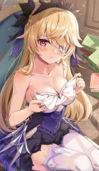 1girl adjusting_clothes bare_arms bare_shoulders blonde_hair blush book book_stack breasts cleavage collarbone commentary_request dappled_sunlight day dress eyepatch fischl_(ein_immernachtstraum)_(genshin_impact) fischl_(genshin_impact) frilled_dress frills genshin_impact hair_flaps hair_over_one_eye hair_ribbon highres holding indoors jewelry long_hair looking_at_viewer medium_breasts no_choker official_alternate_costume paid_reward_available pantyhose parted_lips ponnyu12 purple_dress purple_ribbon red_eyes ribbon ring sidelocks single_leg_pantyhose single_thighhigh sitting solo strapless strapless_dress sunlight thighhighs thighs tiara twitter_username undressing white_pantyhose white_thighhighs 