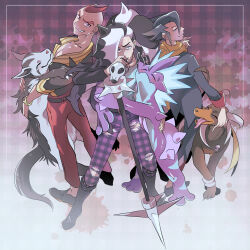 3boys belt black_hair black_jacket blue_eyes blue_shirt closed_eyes collarbone collared_shirt creatures_(company) eyeshadow full_body game_freak gen_2_pokemon gen_3_pokemon gen_8_pokemon grimsley_(pokemon) highres horns houndoom hug jacket looking_at_viewer makeup male_focus maruboku microphone_stand mightyena multicolored_hair multiple_boys nintendo official_alternate_costume pants pendant_choker piers_(pokemon) piers_(sygna_suit)_(pokemon) plaid plaid_pants pokemon pokemon_(creature) pokemon_bw pokemon_masters_ex pokemon_oras red_hair scarf shirt sidney_(pokemon) smirk standing torn_clothes torn_pants toxtricity toxtricity_(low_key) two-tone_hair yellow_scarf