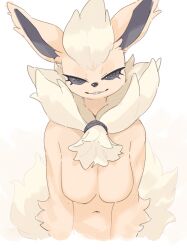  1girl animal_ears animal_nose black_eyes black_sclera breasts clenched_teeth colored_sclera completely_nude creatures_(company) flareon furry furry_female game_freak gen_1_pokemon highres kame_(3t) looking_at_viewer medium_breasts navel nintendo nude orange_fur pokemon pokemon_(creature) smile snout solo tail teeth 