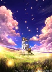 brown_hair child clannad cloud dress field garbage_doll girl_from_the_illusionary_world holding_hands lonely magic wind rating:Sensitive score:3 user:softfang
