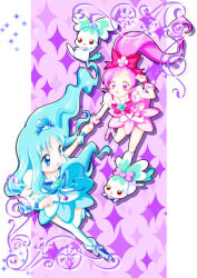  2girls blue_bow blue_bowtie blue_dress blue_eyes blue_flower blue_footwear blue_hair blue_wrist_cuffs boots border bottle bow bowtie brooch chypre_(heartcatch_precure!) clenched_hand coffret_(heartcatch_precure!) commentary_request cure_blossom cure_marine dress eyelashes floating_hair flower full_body hair_bobbles hair_bow hair_flower hair_ornament hanasaki_tsubomi hand_up heart heart_brooch heart_hair_ornament heartcatch_precure! high_ponytail highres holding_hands imahia jewelry knee_boots kurumi_erika light_blush long_hair looking_at_another magical_girl multiple_girls open_mouth ornate_border outside_border perfume_bottle pillarboxed pink_bag pink_bow pink_bowtie pink_dress pink_eyes pink_footwear pink_hair pink_wrist_cuffs precure puffy_short_sleeves puffy_sleeves purple_background short_dress short_sleeves simple_background smile sparkle_background square_neckline thighhighs very_long_hair wavy_hair white_flower white_sleeves white_thighhighs wrist_cuffs wrist_flower 