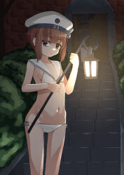  1girl bikini blunt_bangs brown_eyes brown_hair commentary_request feet_out_of_frame flat_chest gfx_asteroid hat highres kantai_collection lamp looking_at_viewer lowleg lowleg_bikini navel sailor_bikini sailor_collar sailor_hat short_hair side-tie_bikini_bottom sidelocks solo stairs swimsuit white_bikini white_hat white_sailor_collar z3_max_schultz_(kancolle) z3_max_schultz_(swimsuit_mode)_(kancolle) 