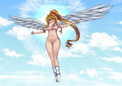  1girl absurdres angel_wings blonde_hair breasts cleft_of_venus cyber_(cyber_knight) henshin highres kaitou_jeanne kamikaze_kaitou_jeanne kusakabe_maron legs loose_socks medium_breasts nude ponytail pussy socks wings  rating:Explicit score:4 user:SKDawn91