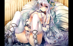 1girl bdsm blue_eyes blush bondage bound bow bow_panties breasts collar cuffs elbow_gloves covered_erect_nipples female_focus flower flower_wreath gloves handcuffs head_wreath highres large_breasts long_hair looking_at_viewer original panties pillarboxed pointy_ears shackles silver_hair solo thighhighs ukyo_rst underwear underwear_only very_long_hair wallpaper white_gloves white_panties rating:Questionable score:25 user:danbooru