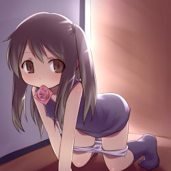 1girl aaaa_(quad-a) all_fours bad_id bad_pixiv_id black_socks blush brown_eyes brown_hair condom condom_in_mouth condom_wrapper covered_erect_nipples flat_chest highres loli long_hair mouth_hold original panties panty_pull pussy_juice pussy_juice_stain pussy_juice_trail socks solo twintails underwear wet wet_clothes wet_panties rating:Explicit score:323 user:danbooru